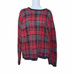 Vintage GAP Women L Plaid Sweater Red Green Black Holiday Wool Blend Cropped